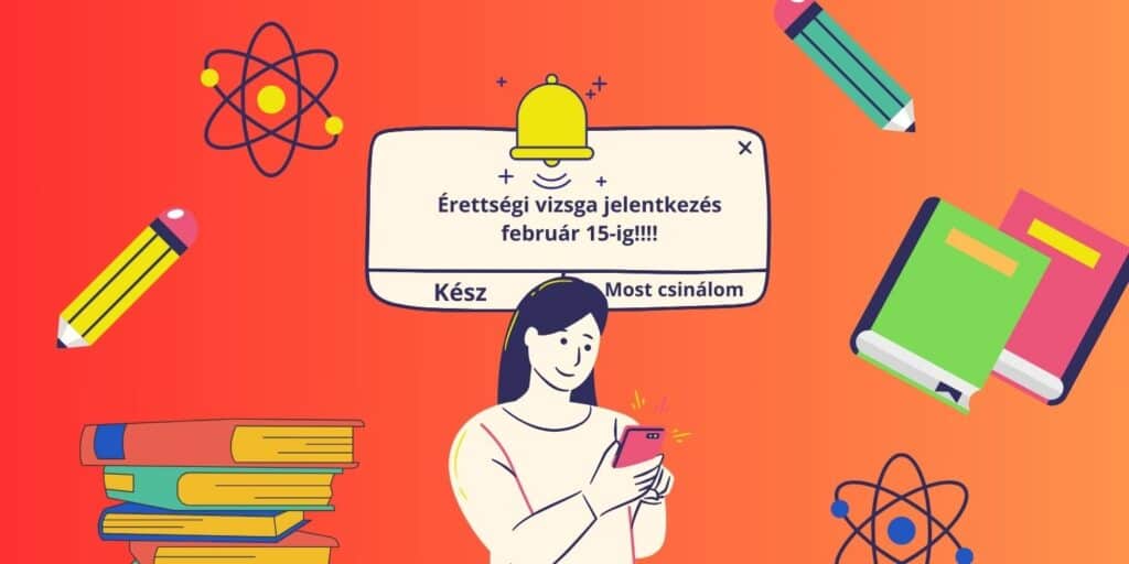 Narancssárga alapon iskolával kapcsolatos grafikák.