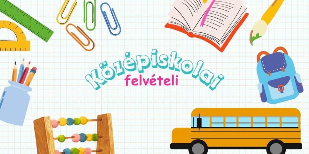 Kockás alapon iskolával kapcsolatos grafikák és felirat: középiskolai felvételi.