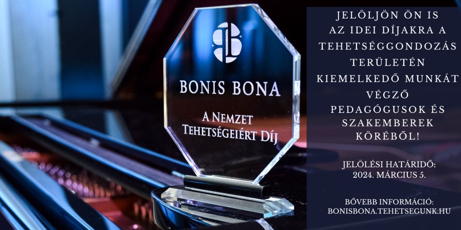 Bonis Bona díj plakett és felhívás a jelölésre.